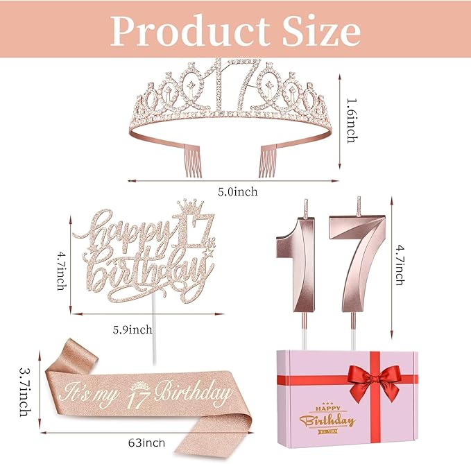 17th Birthday Decorations for Girls Including Birthday Girl Sash, Crown, Numeral Candles and Cake Topper, 17 Year Old Decorations Gifts, Rose Gold Party Decor Supplies