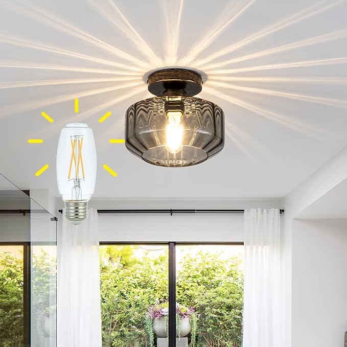 Smoked Glass Flush Mount Ceiling Light with 1200LM LED - Black Champagne Gold 8.66" Damp Rated Fixture for Bathroom Kitchen Hallway Modern Lighting