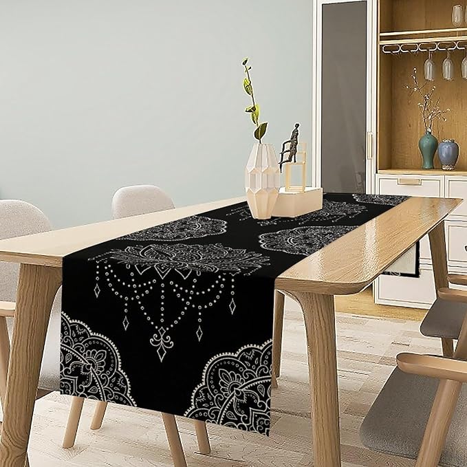 Lotus Flower Table Runner, Bohemian Ethnic Oriental Mandala Black White Floral Print Table Runner for Home Kitchen Dining Indoor Outdoor Dinner Party Decor, 13x70inch