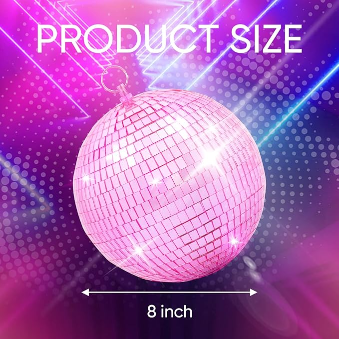 Mirror Disco Ball Decor with Hanging Ring 8" Large Pink Disco Ball Ornament for Disco Party Decorations,70s Theme Party, DJ, Wedding, Birthday,Christmas
