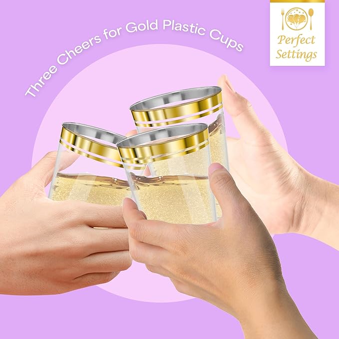 Perfect Settings Premium Double Gold Rimmed Disposable Plastic Cups, Durable Clear Plastic Drinking Glasses for Cold Beverages & Cocktails, BPA-FREE, Disposable Wedding Cups, 14 oz. (Pack of 100)