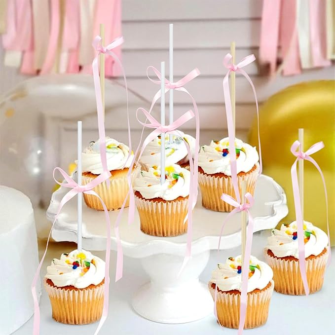 Ephlyn 30Pcs Bow Cupcake Toppers Valentine's Bowknot Ribbons Coquette Bow High Footed Cup Balloon Wall Party Decorations Cake Dessert Picks Birthday Wedding Party Supplies Pink