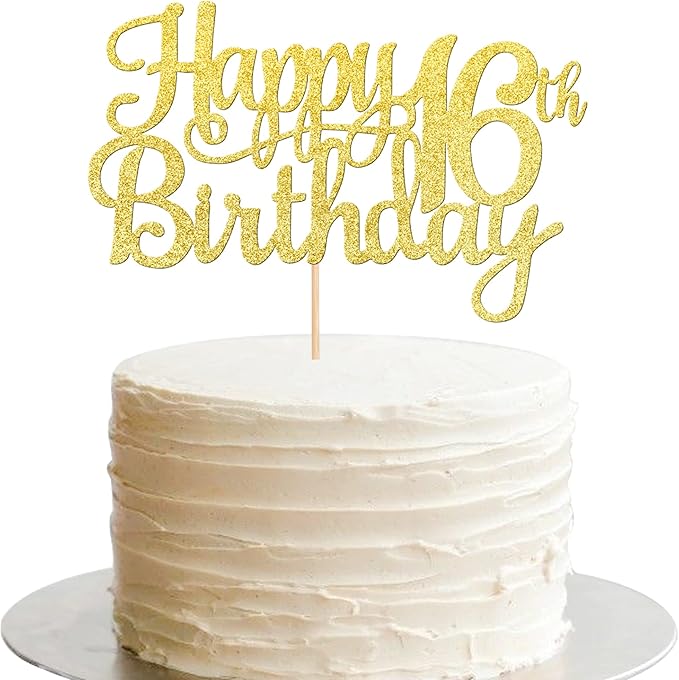 1 PCS Happy 16th Birthday Cake Topper Gold Glitter Cheers to 16 Years Birthday Cake Pick Sweet 16 Fabulous Cake Decoration for Happy 16th Birthday Theme Party Decorations Supplies