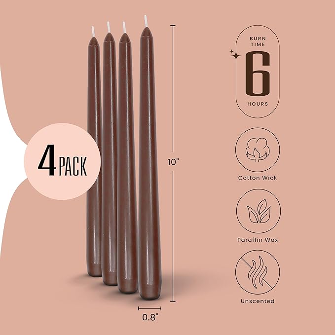 Leor & Lair Brown Taper Candles - 4 Pack 10" Brown Candlesticks - Unscented Long Burning Candle Sticks for Farmhouse Decor, Dinner Table, Holidays, Weddings, Restaurants & Events