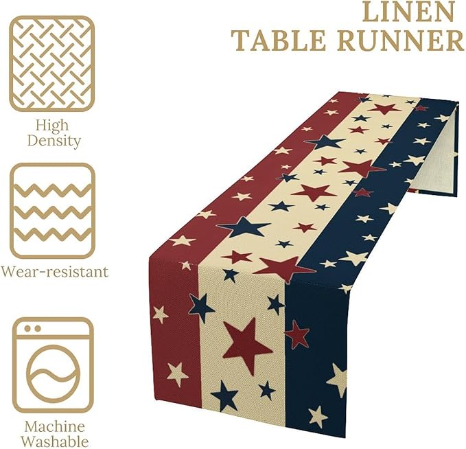 Memorial Day Table Runner, 4th of July American Patriotic Independence Day Stars Stripes Print Table Runne for Summer Holiday USA Home Decoration Party,13x90inch