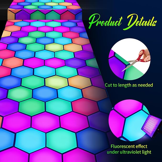 Haull 118 x 39 Inch Neon Light up Dance Floor Glow in The Dark Runner UV Reactive Blacklight Floor Aisle Runner Decor Wall Props for 80s 90s Neon Birthday Party Decorations(Hexagon)