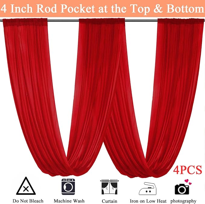 FUHSY Red Ceiling Drapes for Wedding Ceiling Drapes 5x20 FT 4 Panels Ceiling Draping Fabric Wedding Arch Drapery Fabric Sheer Backdrop Curtain Voile Drapes for Ceremony Outdoor Ceiling Decorations