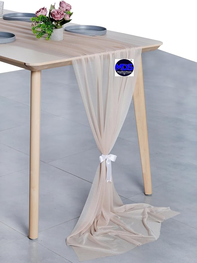 MDS 5 Pack 10ft Chiffon Table Runner 29 x 120 Inches Sheer Wedding Runner Romantic Rustic Table Runner for Wedding Decorations, Birthday Parties, Bridal Shower Party Arch Decor - Nude