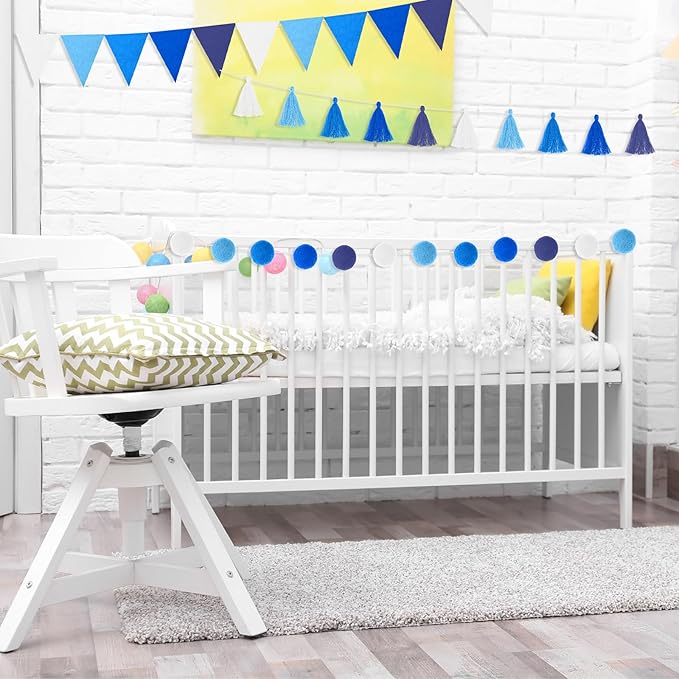 Irenare 9.8 ft Pom Pom Garland Felt Colorful Tassel Banner Christmas Party Pompoms Garland Decorations Felt Pennant Banner for Classroom Home Mantel Fireplace Birthday(Blue)