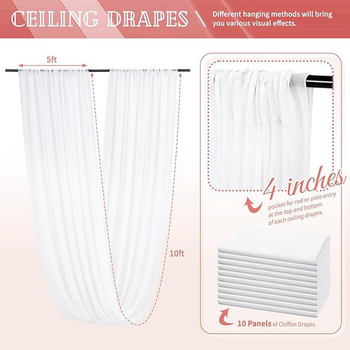 10 Panels White Ceiling Drapes for Wedding 5ftx10ft Sheer Drapery Chiffon Fabric Arch Draping Curtains for Party Ceremony Birthday Baby Shower Reception Stage Ceiling Decorations