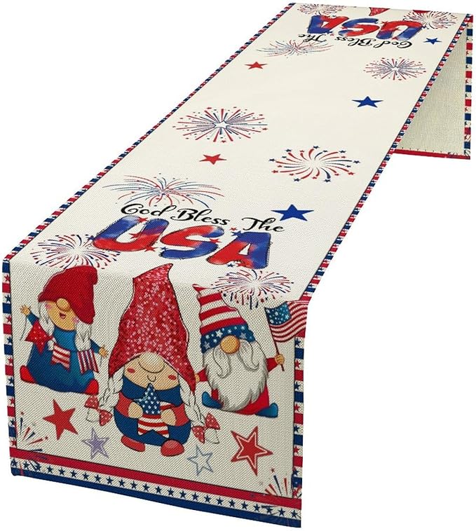 Cute Patriotic Gnomes Table Runner, American Independence Day 4th of July Gnome Blue Red Fireworks Confetti Print Table Runner for Home Kitchen Dining Table Party Decor, 13x60inch