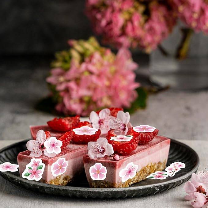 48PCS Edible Cherry Blossoms Cupcake Toppers Pink Edible Cherry Flowers Cake Decorations Wafer Paper Flowers Cupcake Topper for Flowers Theme Baby Shower Birthday Party Decor Supplies