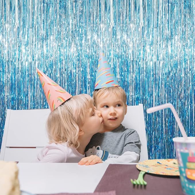 GOER 3.2 ft x 8.2 ft Metallic Tinsel Foil Fringe Curtains Party Photo Backdrop Party Streamers for Birthday,Graduation,New Year Eve Decorations Wedding Decor (Light Blue,3 pcs)