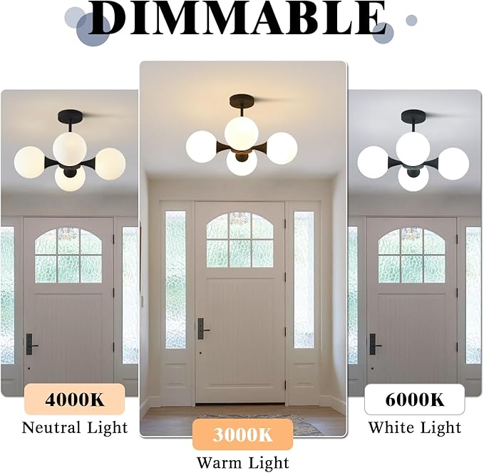 KCO Lighting Mid Century Modern Semi Flush Mount Ceiling Light Fixture Farmhouse Black Globe Sputnik Chandelier Ceiling Light 4-Light Milk Glass Hallway Ceiling Light