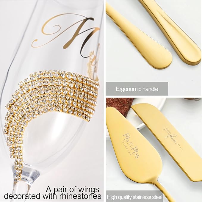 Wedding Cake Knife and Server Set, Gold Mr and Mrs Champagne Flutes and Cake Cutting Set for Wedding Bridal Shower Gifts (Gold)
