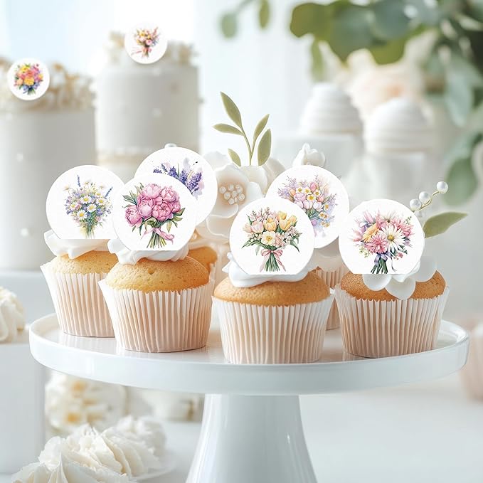 36PCS Edible Flower Bouquet Cupcake Toppers Wafer Paper Roses Daisy Lavender Flower Bouquet Decorations Flower Theme Party Birthday Baby Shower Party Supplie