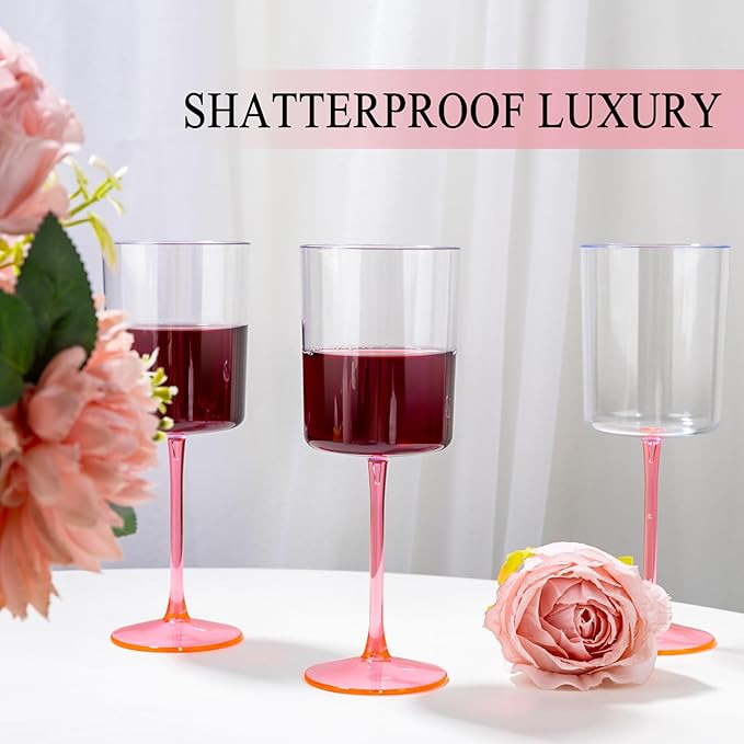 Ciaell 12 Pack 10 Oz Clear Plastic Wine Glasses with Pink Stem - Disposable Cocktail Goblets Perfect for Parties & Weddings & Poolside & Outdoors & Camping & Party