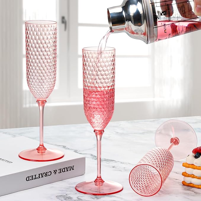 100 Pack Pink Detachable 2 piece Champagne Flutes 5.5 Oz Unbreakable Plastic Mimosa Disposable Champagne Glasses Drinking Cups Stemmed Reusable Wine Toasting Glasses for Wedding (100, Clear Pink)