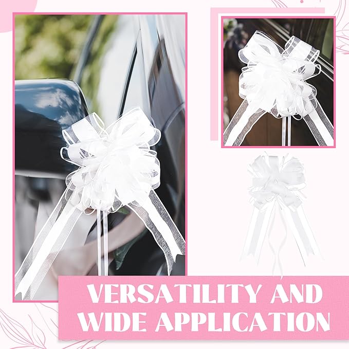 Riceshoot 24 Pcs Wedding Pew Bows with Yarn, Wedding Aisle Decorations for Church Chair Bench, Big Pull Bows for Gift Wrapping Bridal Shower Reception Birthday Anniversary Car Decor