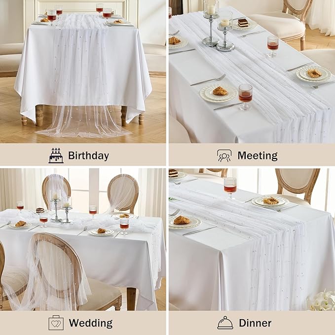 Fanami 6 Pack Pearl Table Runner -10FT Ivory White Boho Tulle Table Runners 120 Inches Long Rustic Sheer Lace Fabric Centerpieces for Wedding Arch Birthday Party Bridal Veil Baby Shower Decorations