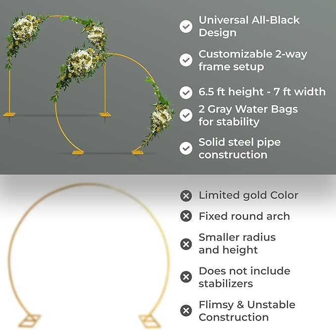 VerdeVista Convertible 6.5 FT Round Backdrop Stand - Heavy Duty Balloon Arch Stand with 2 Waterbags - Multiuse Photo Backdrop Arch, Gold Circle Ring Balloon Arch Frame for Wedding Baby Shower & More