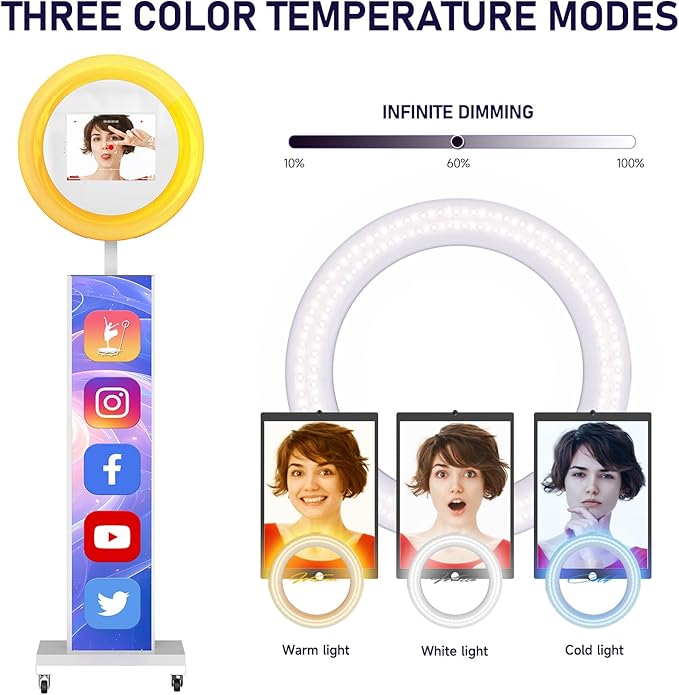 MWE Portable Photo Booth Machine Stand Compatible with Any Ipad with Software APP and Remote Control, RGB Ring Lights Music Sync, Free Custom Logo,ChackTok VIP (White, Light Box-Honeycomb Case)