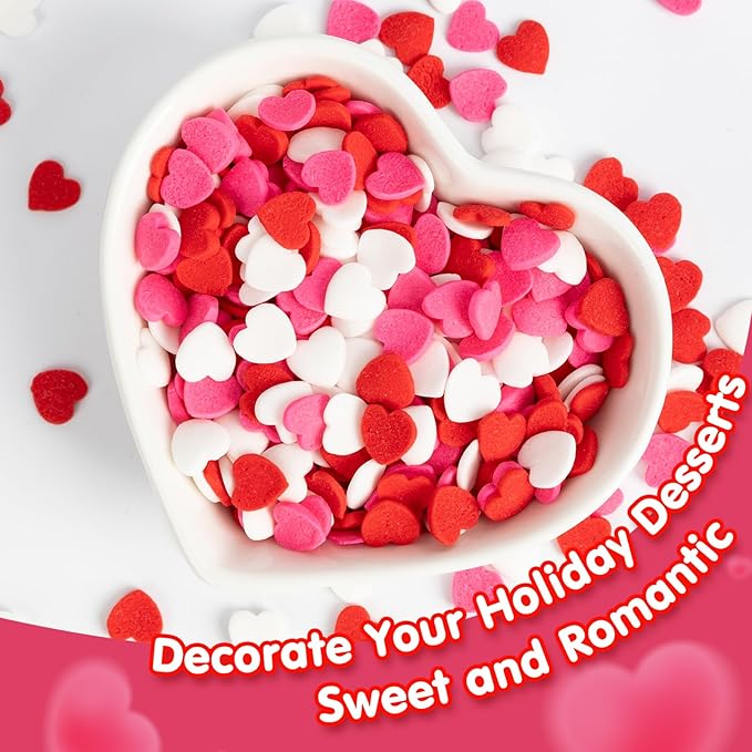 Edible Heart Sprinkles,Red Pink White Heart Shapes Mix,Sugar Sprinkles for Decorations Baking,Cake Ice Cream Cookies Cupcake Toppe Chocolate,Birthday Wedding Valentines Christmas Party Supplie,100g/3.53oz