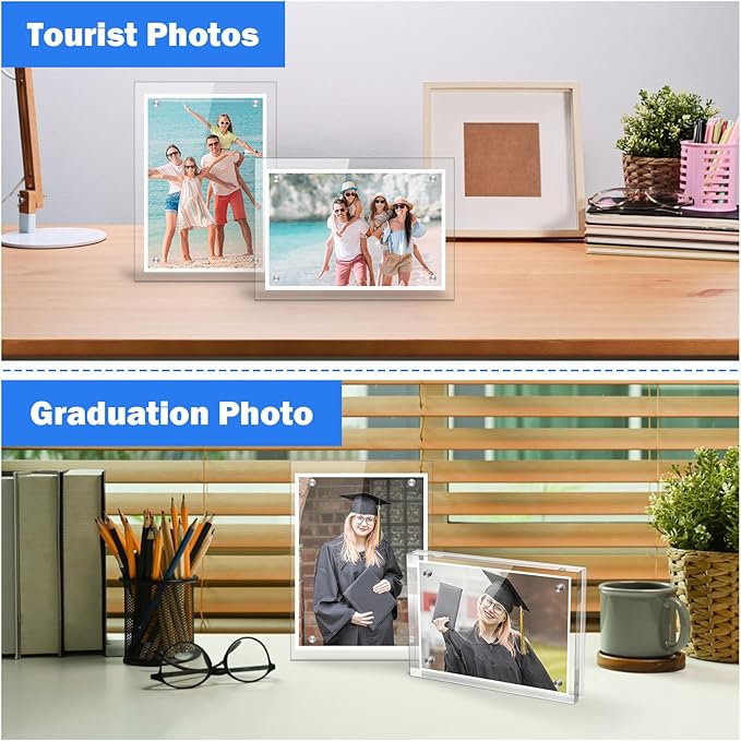 Small 2.5×3.5 Inches Acrylic Picture Frame(3 Pack)，Clear Magnetic Picture Frame for Wedding，Double Sided Frameless Photo Frame for Desktop Free Standing,Display Stand Picture mini Frame