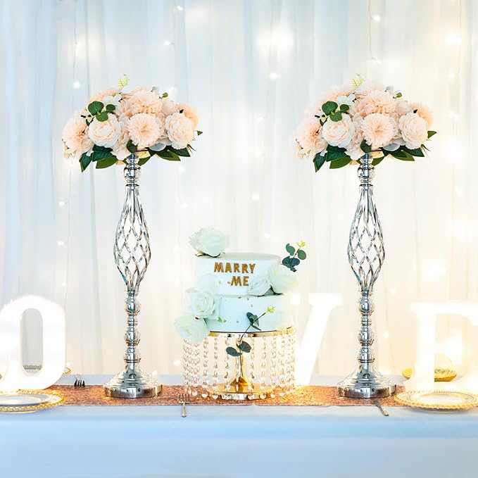 LANLONG 10pcs Metal Silver Candle Holders Road Lead Table Centerpiece Stand Pillar Candlestick for Wedding Candelabra Flowers Vases