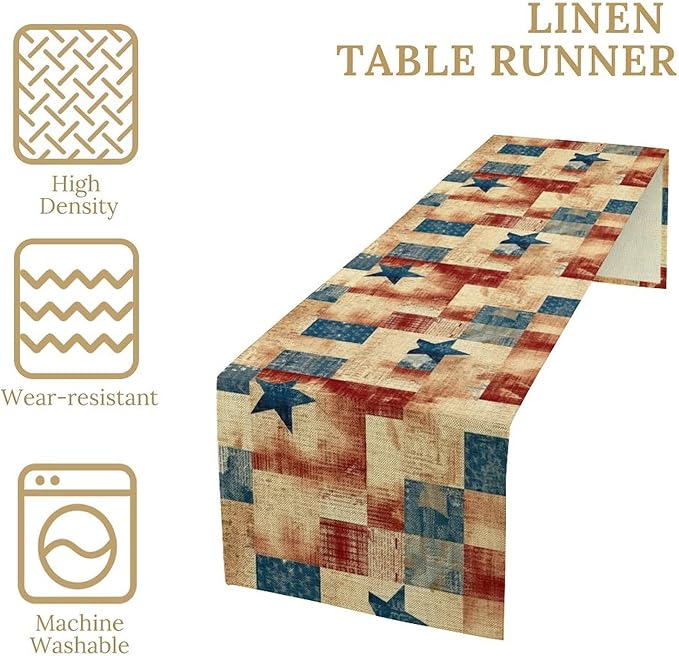 4th of July Table Runner, Rustic Vintage Country Red White Blue American Stars Independence Day Print Table Cover for Farmhouse Kitchen Dining Table Decor, 13x60inch