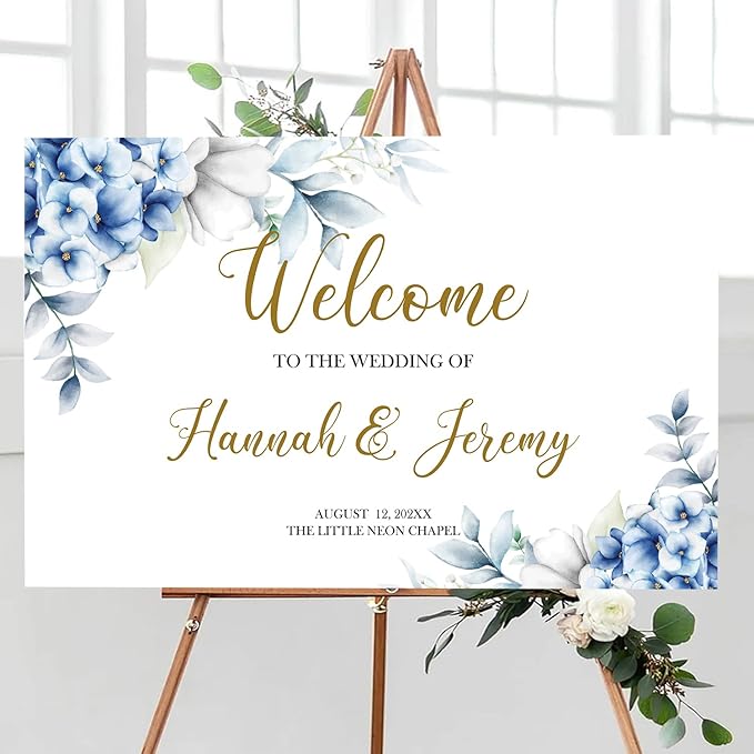 Dusty Blue Wedding Welcome Sign, Editable Floral Template, Printable Ceremony Signage, Elegant Reception Board, Minimalist Blue Wedding Decor