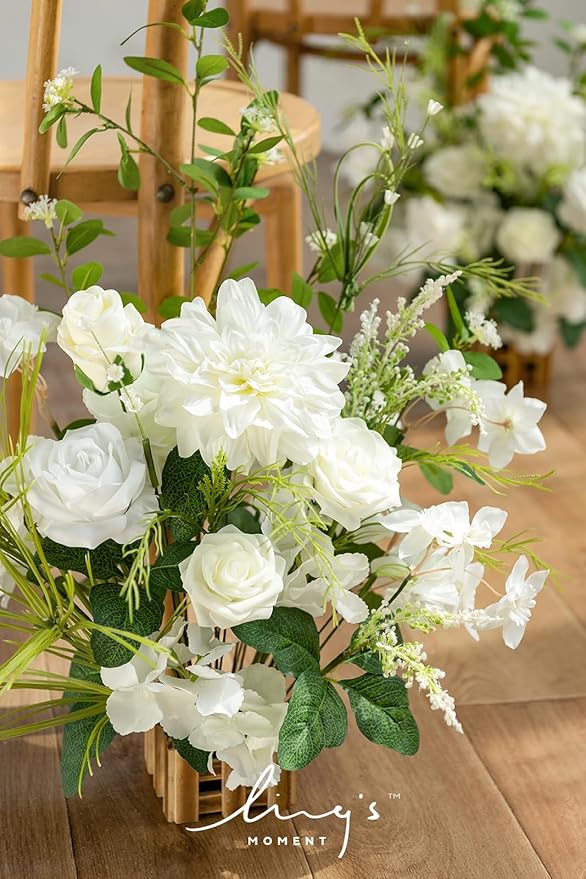 Ling's moment 17.5" Tall Free Standing Artificial Flowers Arrangements 4 pcs Fall Wedding Aisle Runner Chair Decorations Lily of The Valley Ceremony Reception Rose Floral Party Outdoor Centerpieces