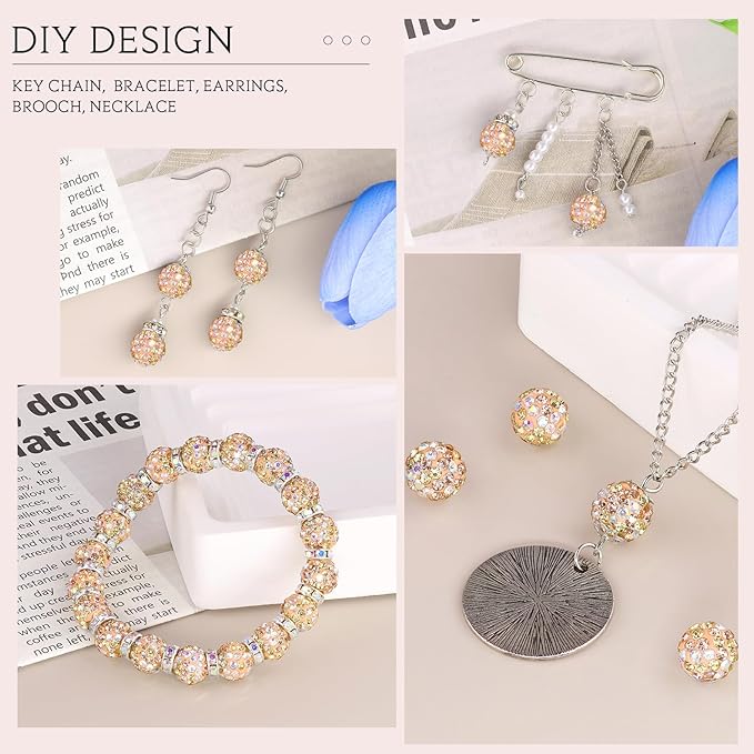 100pcs 10mm Rhinestone Beads for Jewelry Making, Light Peach AB Shiny Round Shamballa Disco Beads Bulk, Sparkle Crystal Clay Christmas for Bracelet Baseball Necklace Earring Crafting and DIY