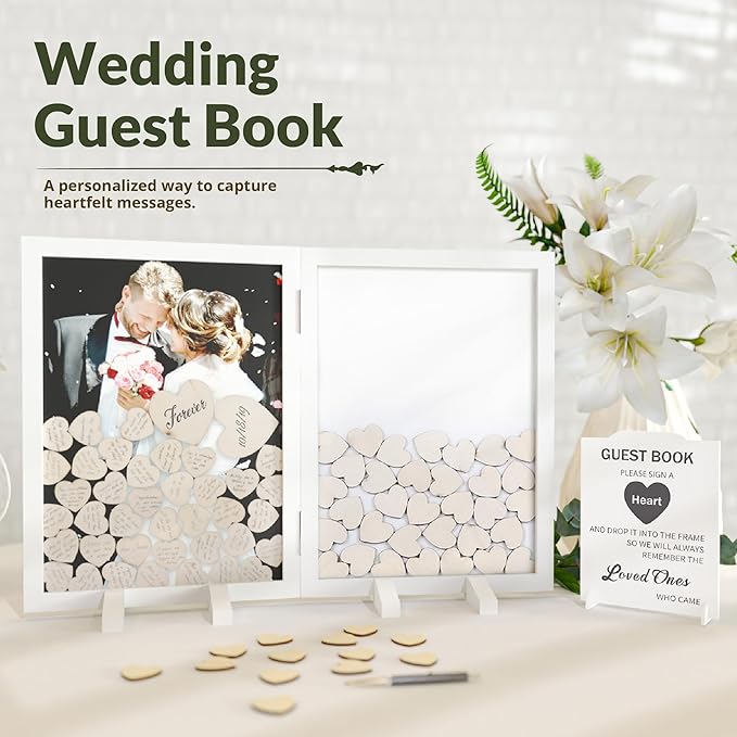 GLM Guest Book Alternative with Sign, 160 Hearts and 4 Large Hearts, Guest Book for Reception, Wedding Decor (White)