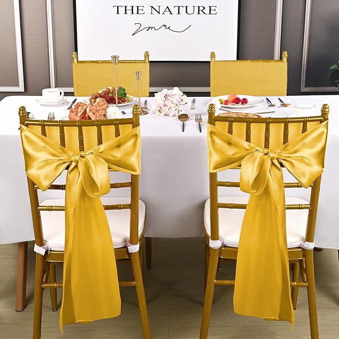 fani 60 PCS Gold Satin Chair Sashes Bows Universal Chair Cover for Wedding Reception Restaurant Event Decoration Banquet,Party,Hotel Event Decorations (7 x 108 inch)