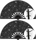 13" Large Folding Rave Fan with Holster, Clack Hand Fans Foldable for Line Dancing, Boots On The Ground Fan for Women Men Festival EDM Party Decoration, Glitter Black 2 Pack