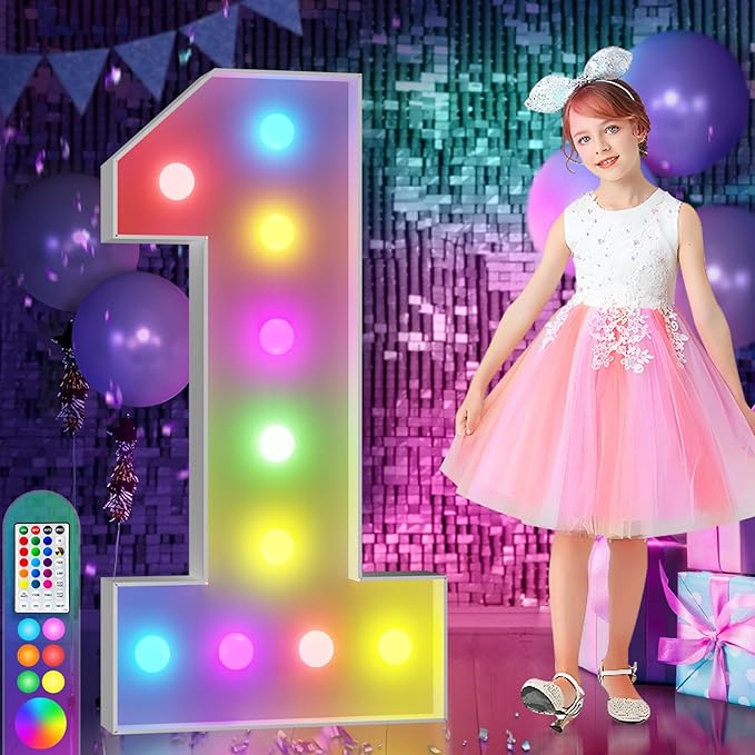 imprsv 4FT Colorful Marquee Numbers,18 Colors Number 1 with Remote, Light Up Numbers Sign for 1st Birthday Decorations Anniversary Party Decor, Pre-Cut Foam Board Kit, Mosaic Sign for Balloon
