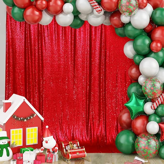 SquarePie Sequin Backdrop 10FT x 10FT Red Curtain Background for Wedding Party Decoration