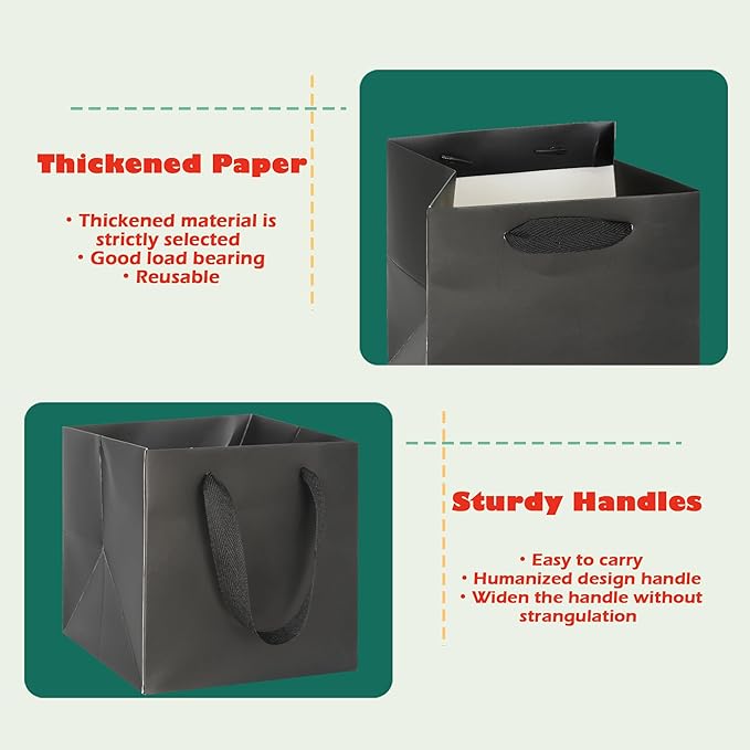 ADIDO EVA Black Square Gift Bags Small Size Square Bottom Paper Bags with Handles for Party Favor, Shopping Bag (8x8x8 In, 10 CT)