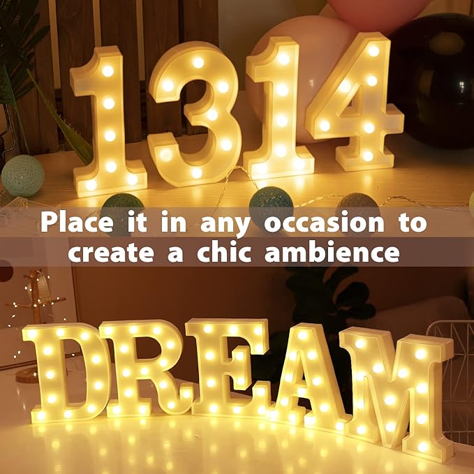 HXWEIYE Marquee Light Up Numbers-4, Led Large Numbers Letters Sign 26 Alphabet and 10 Number for Party Décor, Light Up Letters Battery Powered Warm White Christmas Decoration Numbers Light