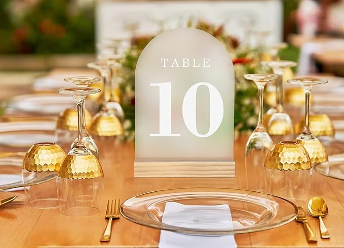 Wedding Table Numbers 1-10, Acrylic Arch Signs with Natural Wood Stands Holders, Rustic Table Decor for Reception & Parties (Frosted White)