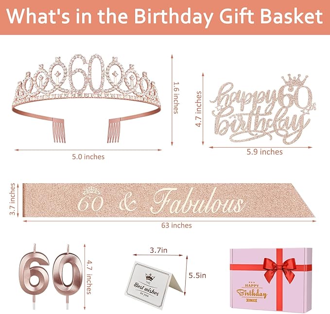 60th Birthday Decorations for Woman, Including 60th Birthday Sash and Crown, Cake Topper and Candles, 60 Year Old Gifts for Women