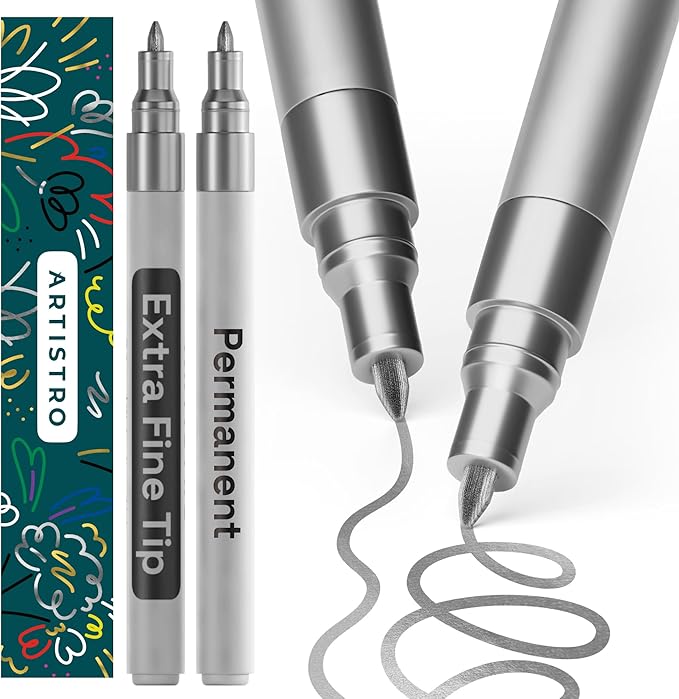 ARTISTRO 2 Silver Permanent Marker - Waterproof Markers for Tire, Fabric, Rocks, Glass, Ceramic, Wood, Paper - Oil Based Metallic Paint Pens - Extra-Fine Tip 0.7mm