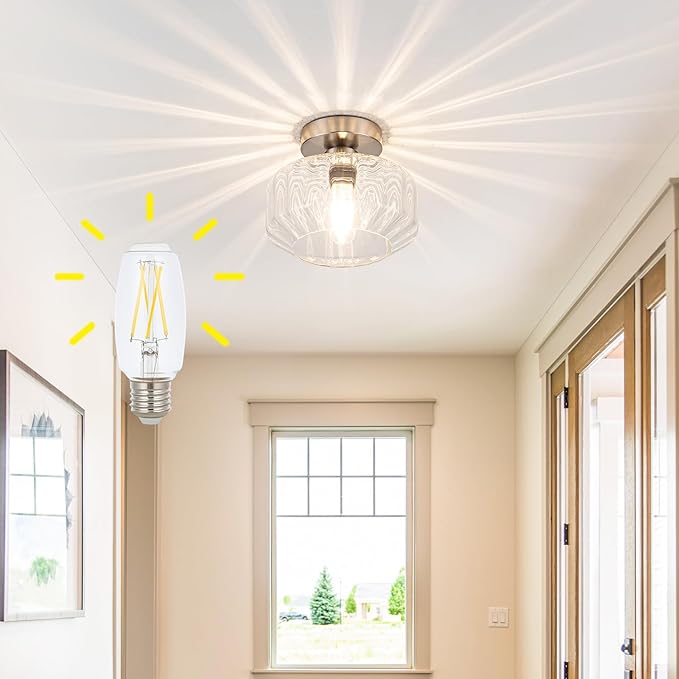 Brushed Nickel Semi Flush Mount Ceiling Light Fixture with Textured Glass & Included 1200 Lumens LED Bulbs, Modern Hallway & Bathroom Light for Entryway, Kitchen, Laundry Room