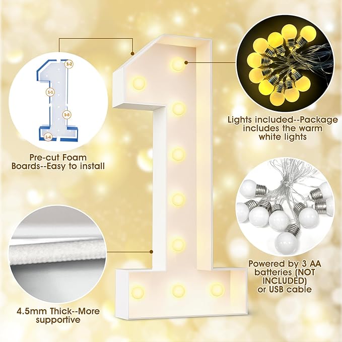 Ledido 4FT Marquee Light Up Numbers Large Light Up Letters for Party Decoration, Marquee Numbers for 1st 21st Birthday Anniversary, Pre-cut Foam Board Assembly Required Number 1