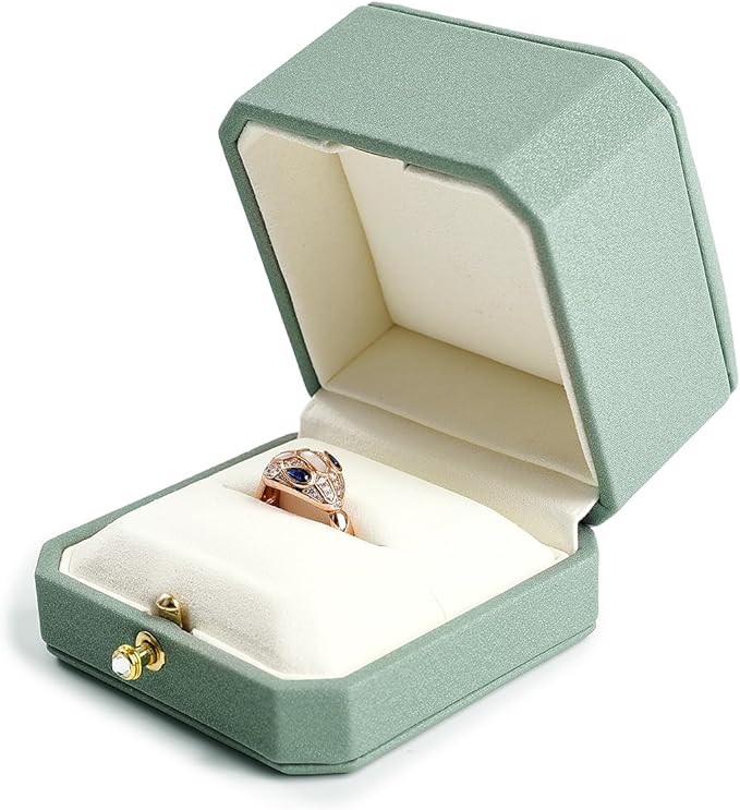 Oirlv Luxury Leather Ring Box for Jewelry Gift Octagon Women Ring Holder for Wedding Day, Proposal, Engagement, Anniversary(Green,Single)