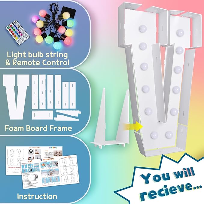 imprsv 4FT Colorful Marquee Light Up Letters V, 18 Colors Large Light up Letters Alphabet Sign with Remote, Large Marry Me Sign, Birthday Party Decorations Baby Shower Anniversary Wedding Decoration