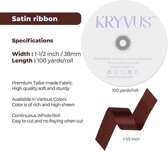 Coffee Brown Satin Ribbon 1-1/2 inch X Continuous 100 Yards, Single Face Polyester Ribbon Perfect for Gift Wrapping, Flower Bouquet, Wedding Decor, Crafts, Bow Making, Sewing and More