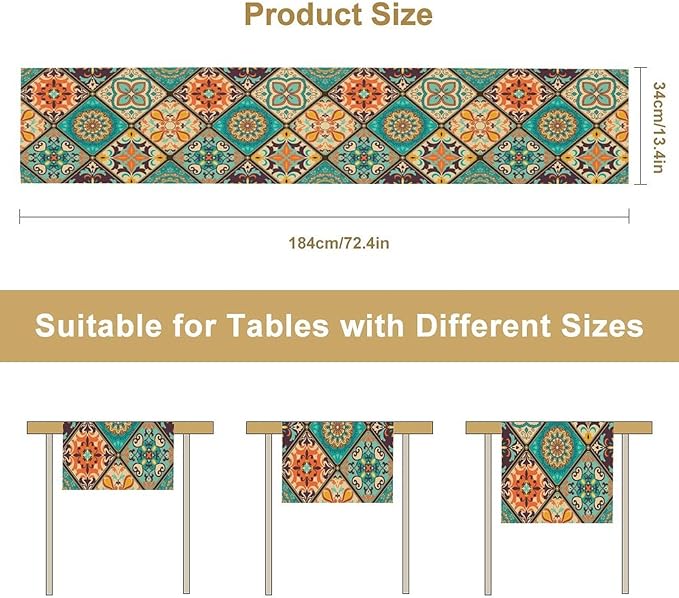 Bohemian Patchwork Table Runnerboho Colorful Tile Patchwork Indian Floral Print Table Runner for Home Kitchen Indoor Outdoor Party Wedding Decor, 13x70inch