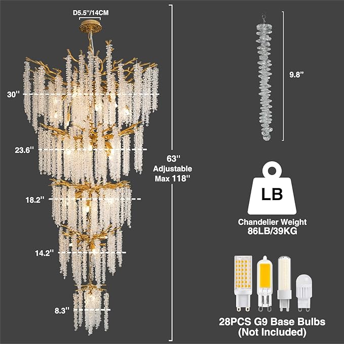 YUYI Upgraded 118'' Long Crystal Chandelier for High Ceiling, 28-Light Modern Gold Tree Branch Chandelier, Large Chandeliers for Foyer, Entryway, Staircase, 5-Tier Luxury K9 Raindrop Light Fixtures